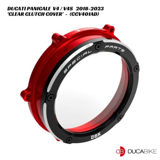 DucaBike Billet Clear Clutch Cover CCV401AD - RED/BLK - Ducati Panigale V4 / V4S 2018-2023