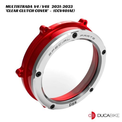 DucaBike Billet Clear Clutch Cover CCV401AE - RED/SLV - Ducati Multistrada V4 / V4S 2021-2023