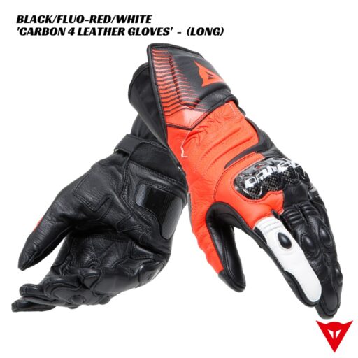 Dainese Carbon 4 Long Leather Gloves - BLACK/FLUO-RED/WHITE